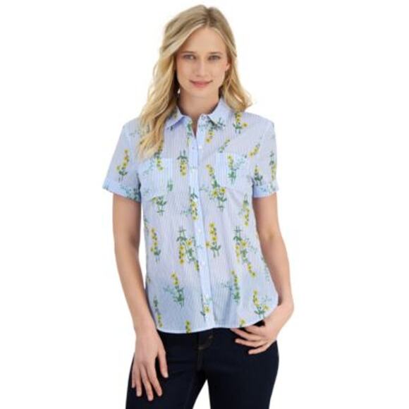 Nautica Jeans Women's Floral-Print Button-Down Top in Blue Yellow Stripes - Picture 1 of 1